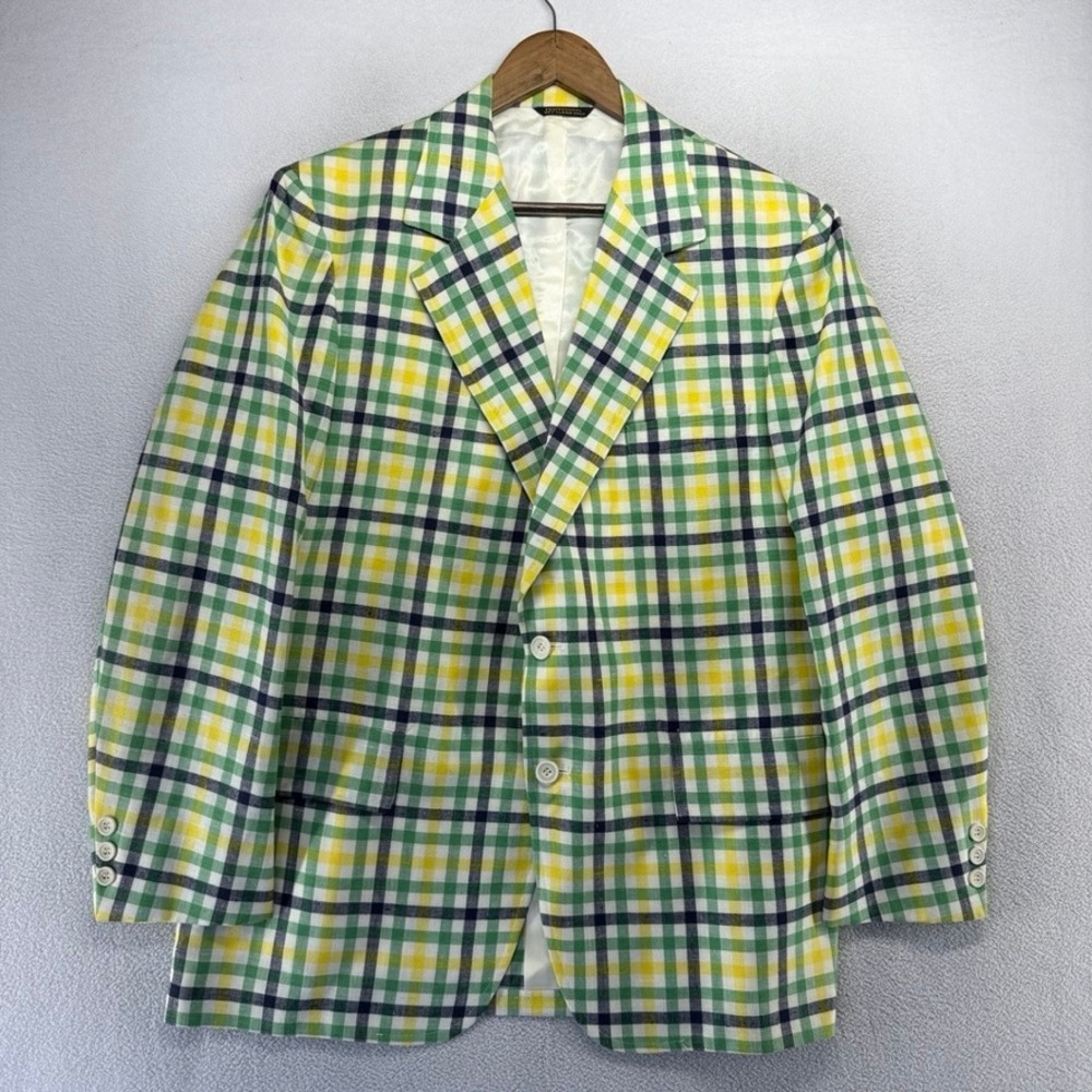 Vintage Van Boven Blazer Jacket Men's 44 Green Yellow White Check Plaid 70s 80s
